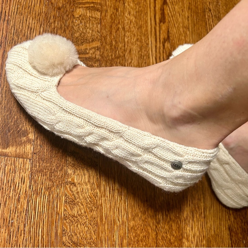 UGG Beige Knit Slippers with Pom Pom - Picture 12 of 13